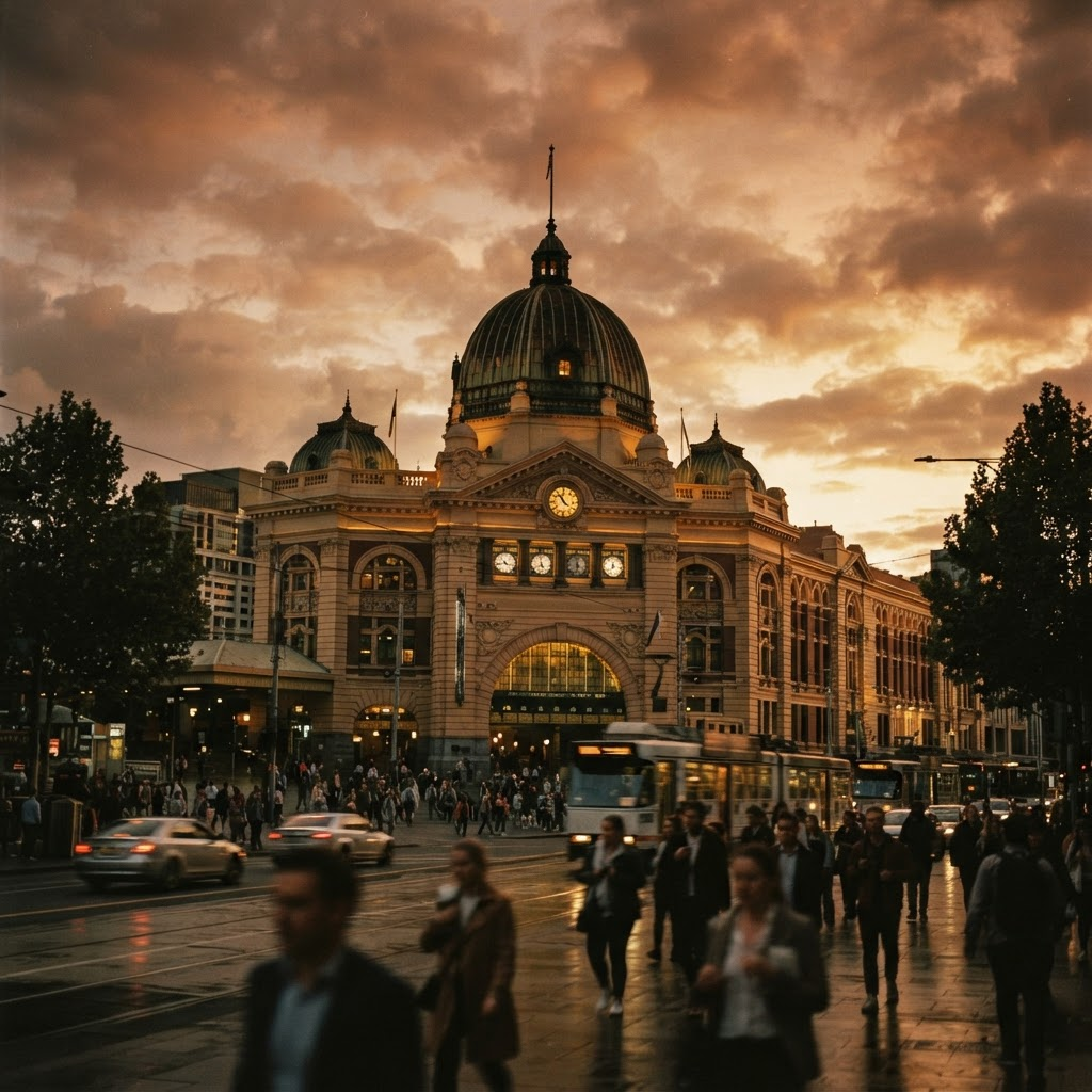 Melbourne's Flinders Street Station glowing at sunset with trams and commuters