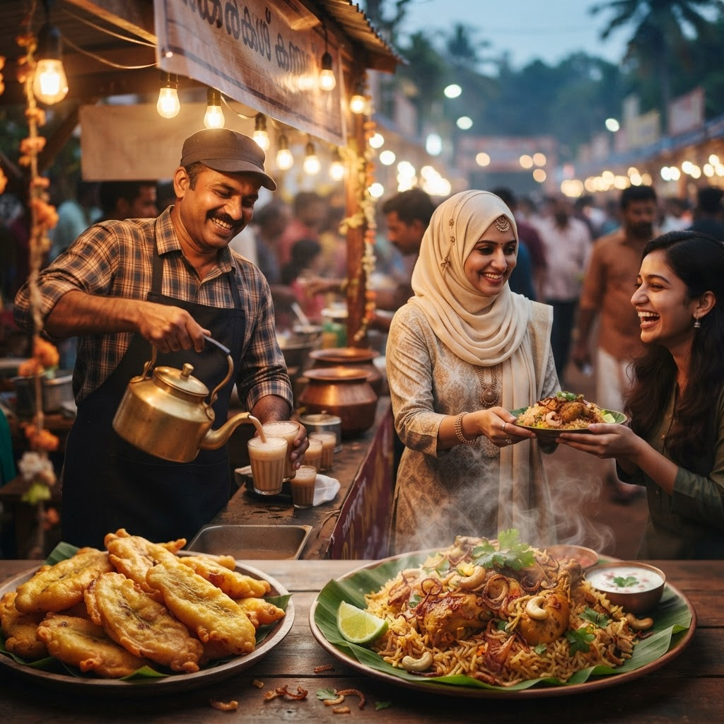 A Malabar food stall with a cook serving chai, pazham pori and biriyani, and a vendor in traditional Malabar Muslim dress