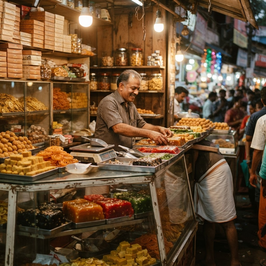 A Calicut sweet market stall piled high with colourful Kozhikodan halwa and traditional Indian sweets